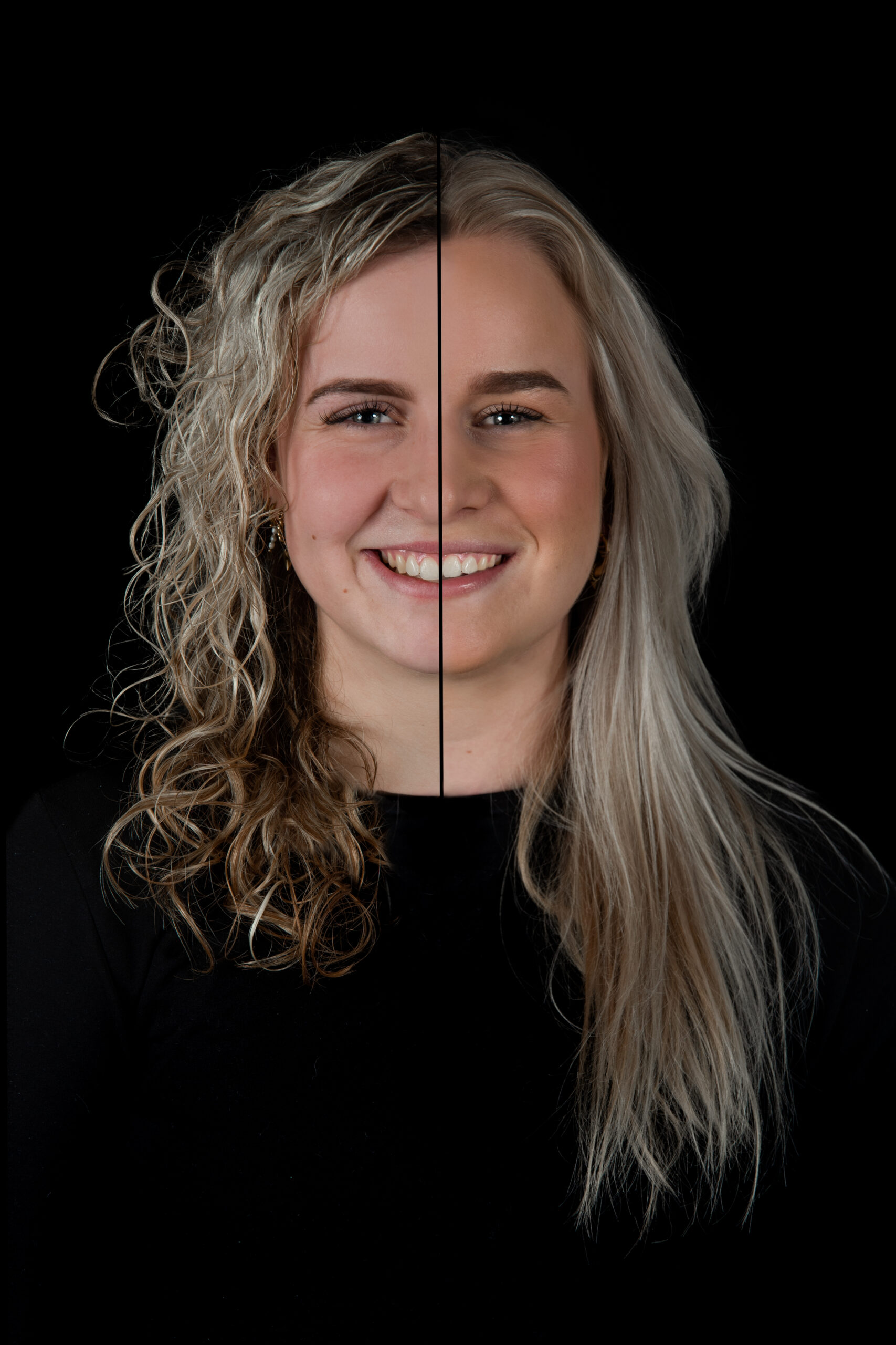 2-in-1 portret van twee zussen, twee gezichten samengevoegd tot een beeld in de studio in Culemborg