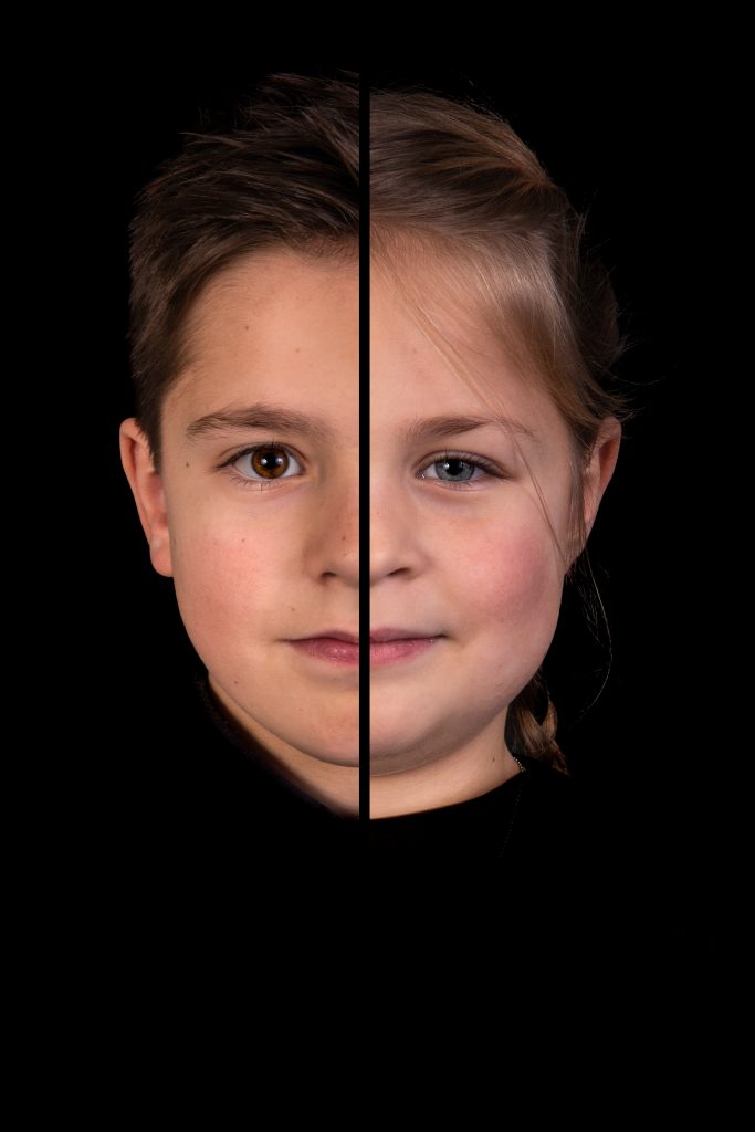 2-in-1 portret van broer en zus, twee gezichten samengevoegd tot een beeld in de studio in Culemborg