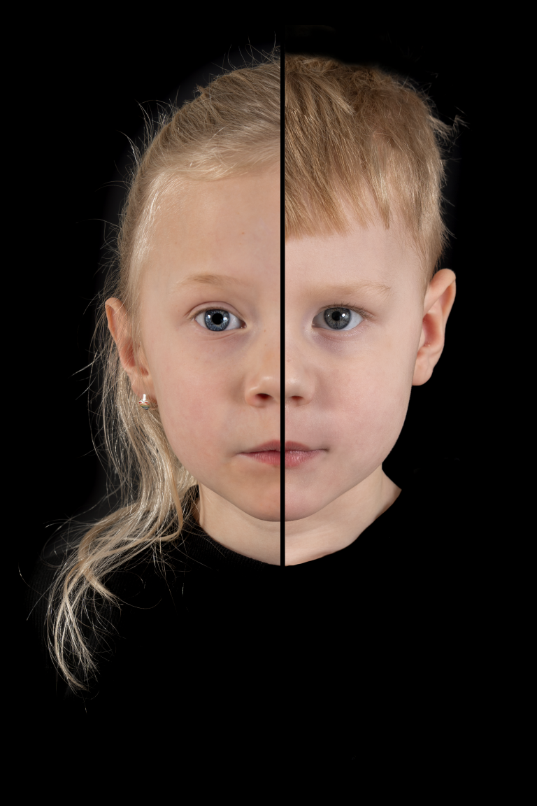 2-in-1 portret van twee jonge kinderen, samengevoegd tot een gezicht