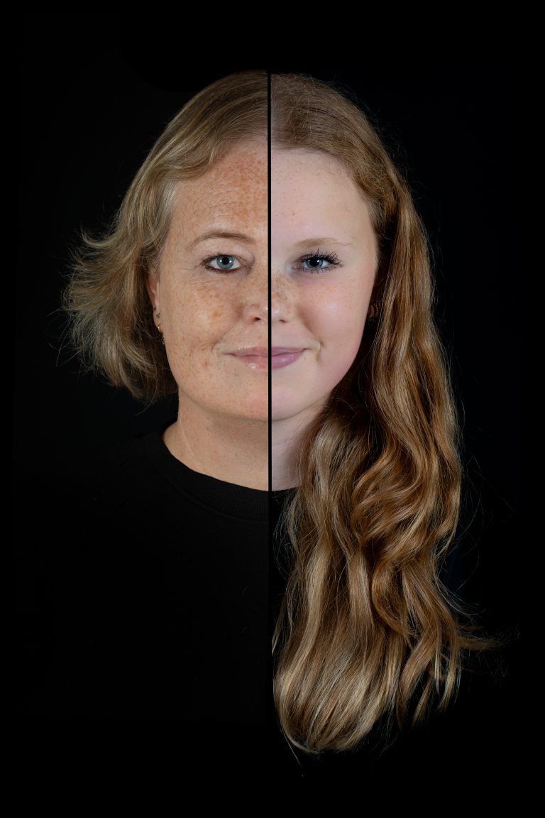 2-in-1 portret van moeder en dochter, samengevoegd tot één beeld in de studio in Culemborg