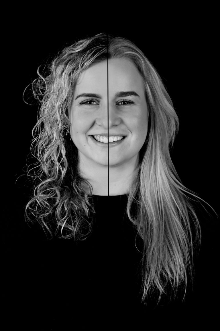 2-in-1 portret in zwart-wit, twee gezichtshelften samengevoegd tot een beeld