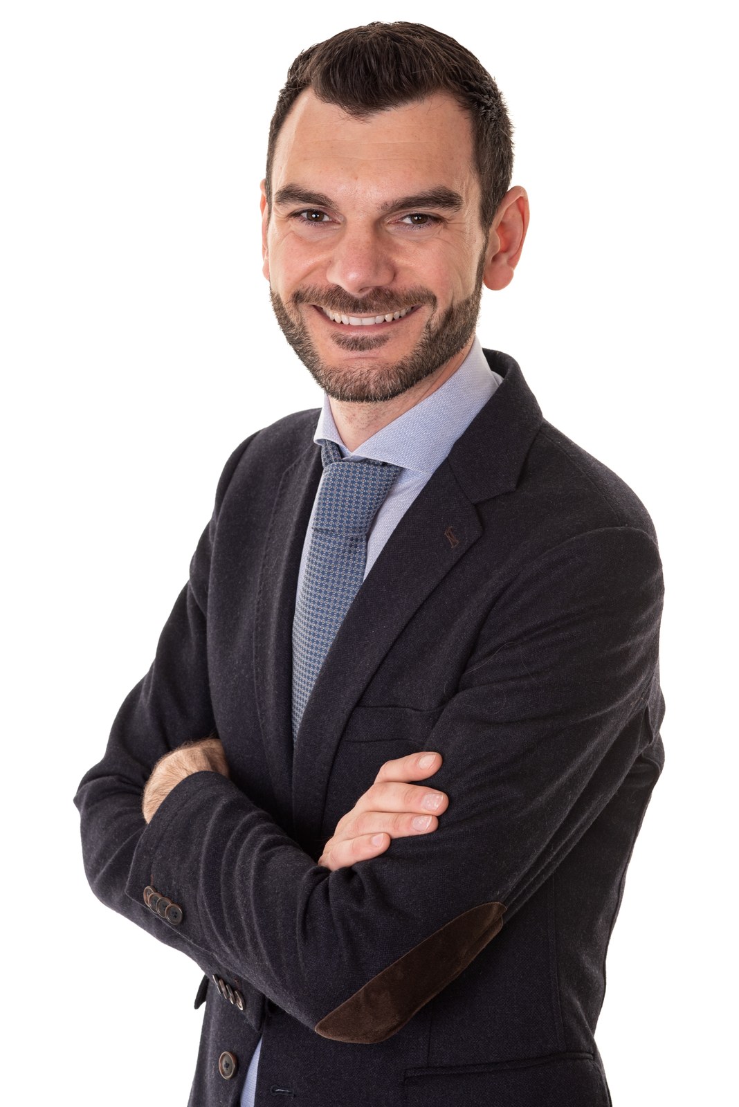 Zakelijk portret van een man in colbert, gemaakt in de fotostudio in Culemborg