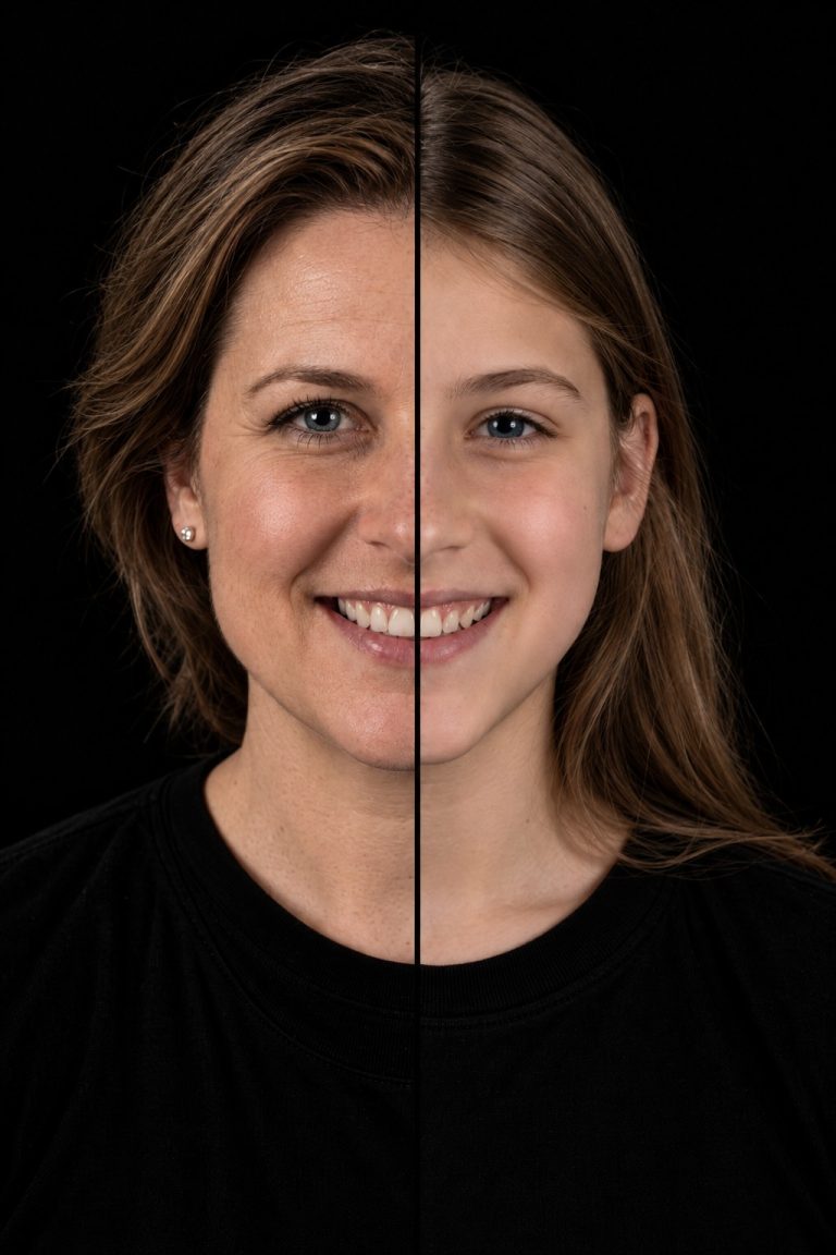 2-in-1 portret van moeder en dochter, twee gezichten samengevoegd tot een beeld in de studio in Culemborg