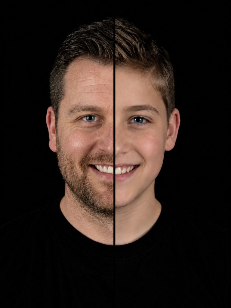 2-in-1 portret van vader en zoon, twee gezichten samengevoegd tot een beeld in de studio in Culemborg