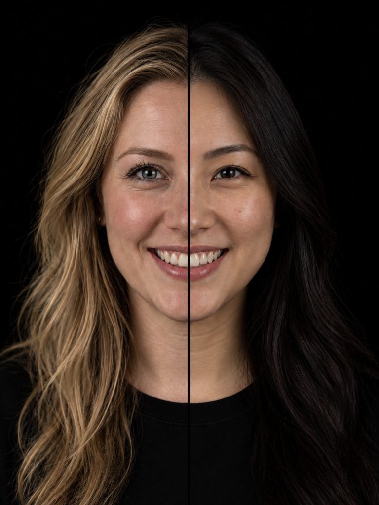 2-in-1 portret van twee vriendinnen, twee gezichten samengevoegd tot een beeld in de studio in Culemborg